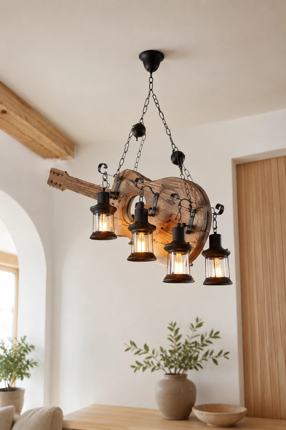 Austin Guitar Pendelleuchte, Metall & Holz, 4-flammig - Lumpaz
