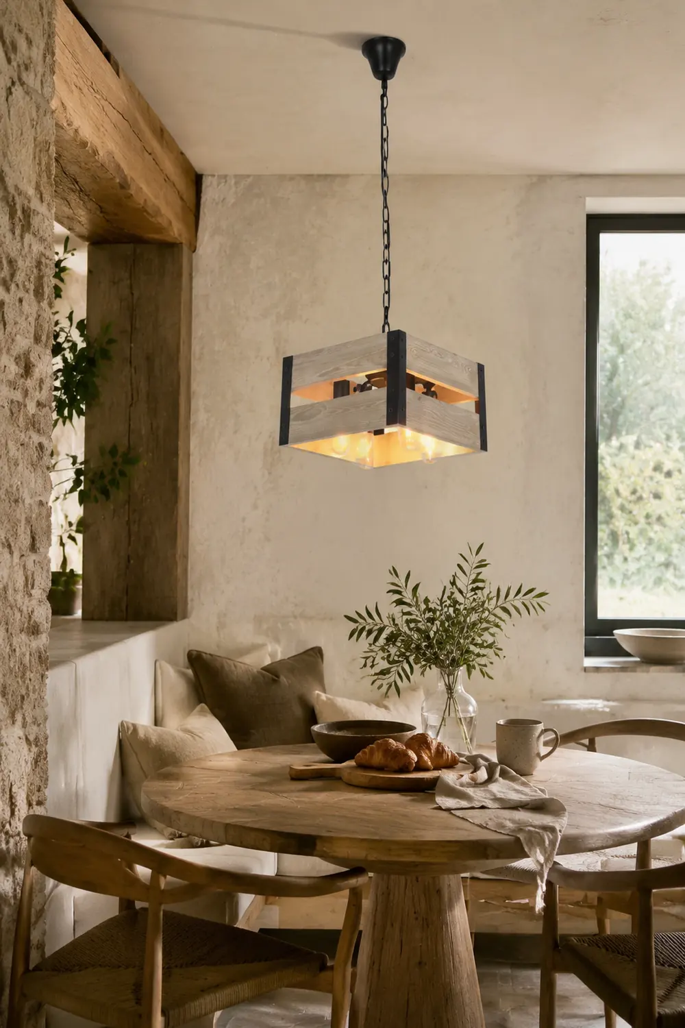 Alessio Quadratische Pendelleuchte, Metall & Holz, 4-flammig, 2 Stile - Lumpaz