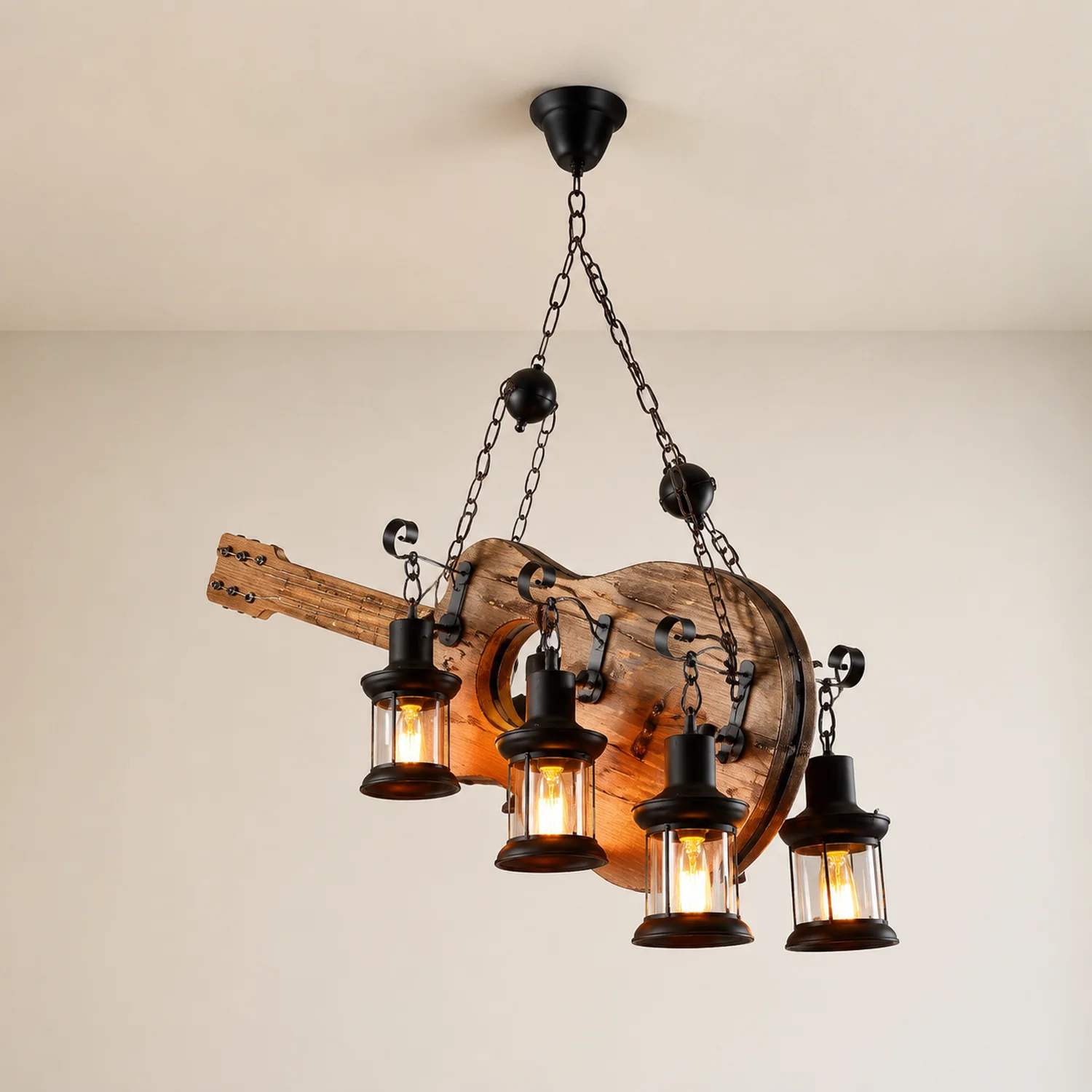 Austin Guitar Pendelleuchte, Metall & Holz, 4-flammig - Lumpaz