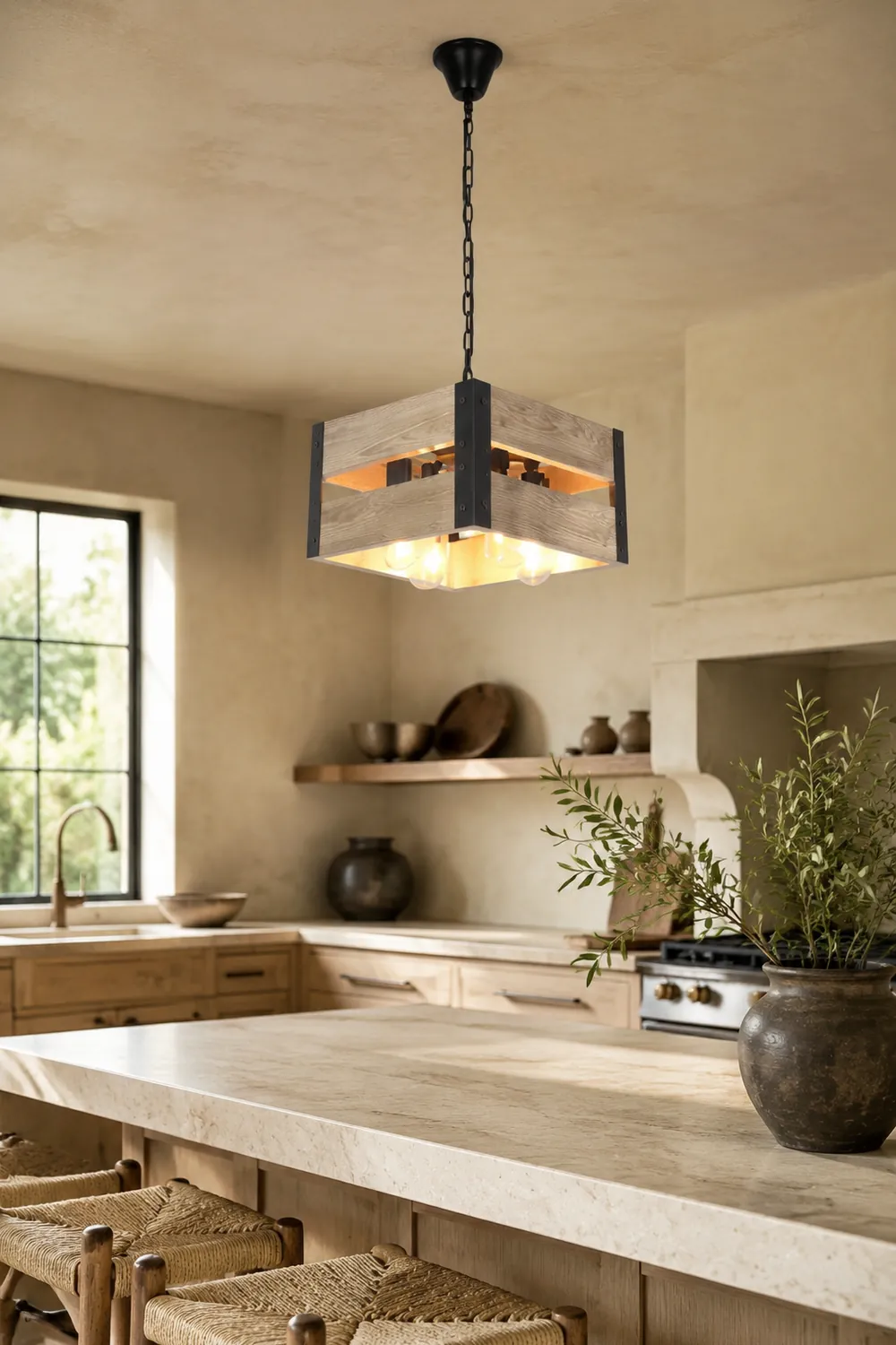 Alessio Quadratische Pendelleuchte, Metall & Holz, 4-flammig, 2 Stile - Lumpaz