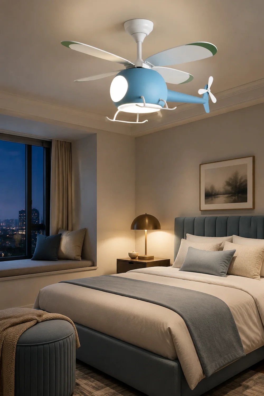 Minori 4-Blätter Blue Jet Deckenventilator, Metall & Holz, ∅90CM - Lumpaz