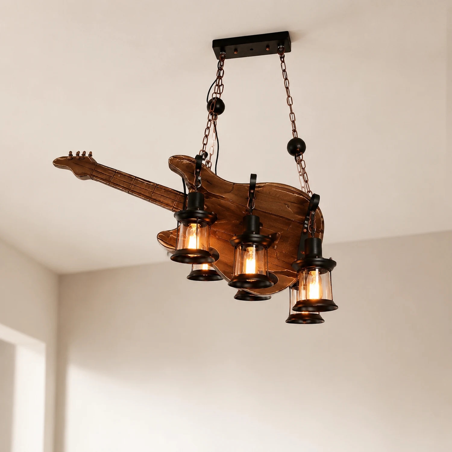 Austin Guitar Pendelleuchte, Metall & Holz, 3-flammig - Lumpaz