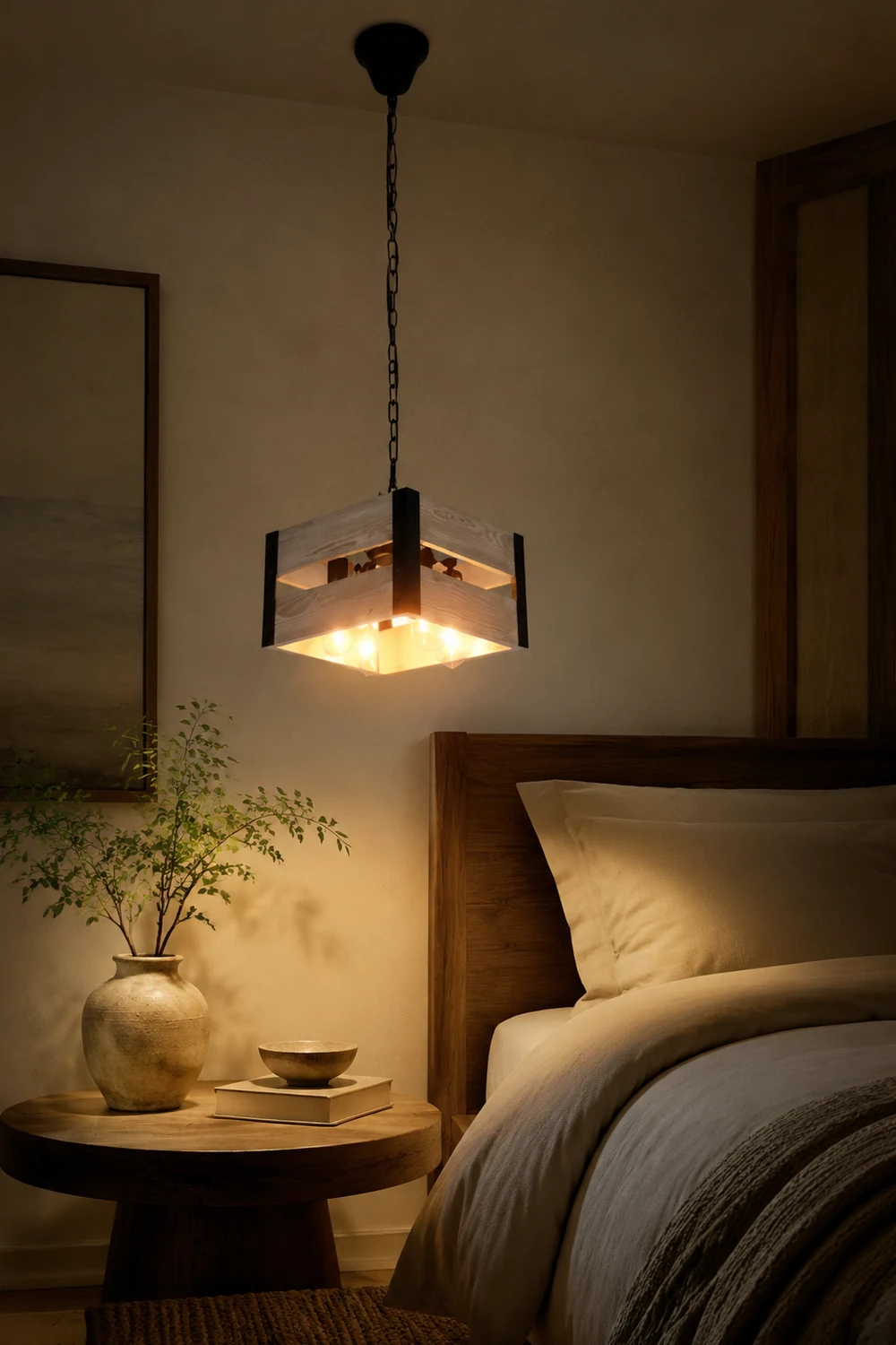 Alessio Quadratische Pendelleuchte, Metall & Holz, 4-flammig, 2 Stile - Lumpaz