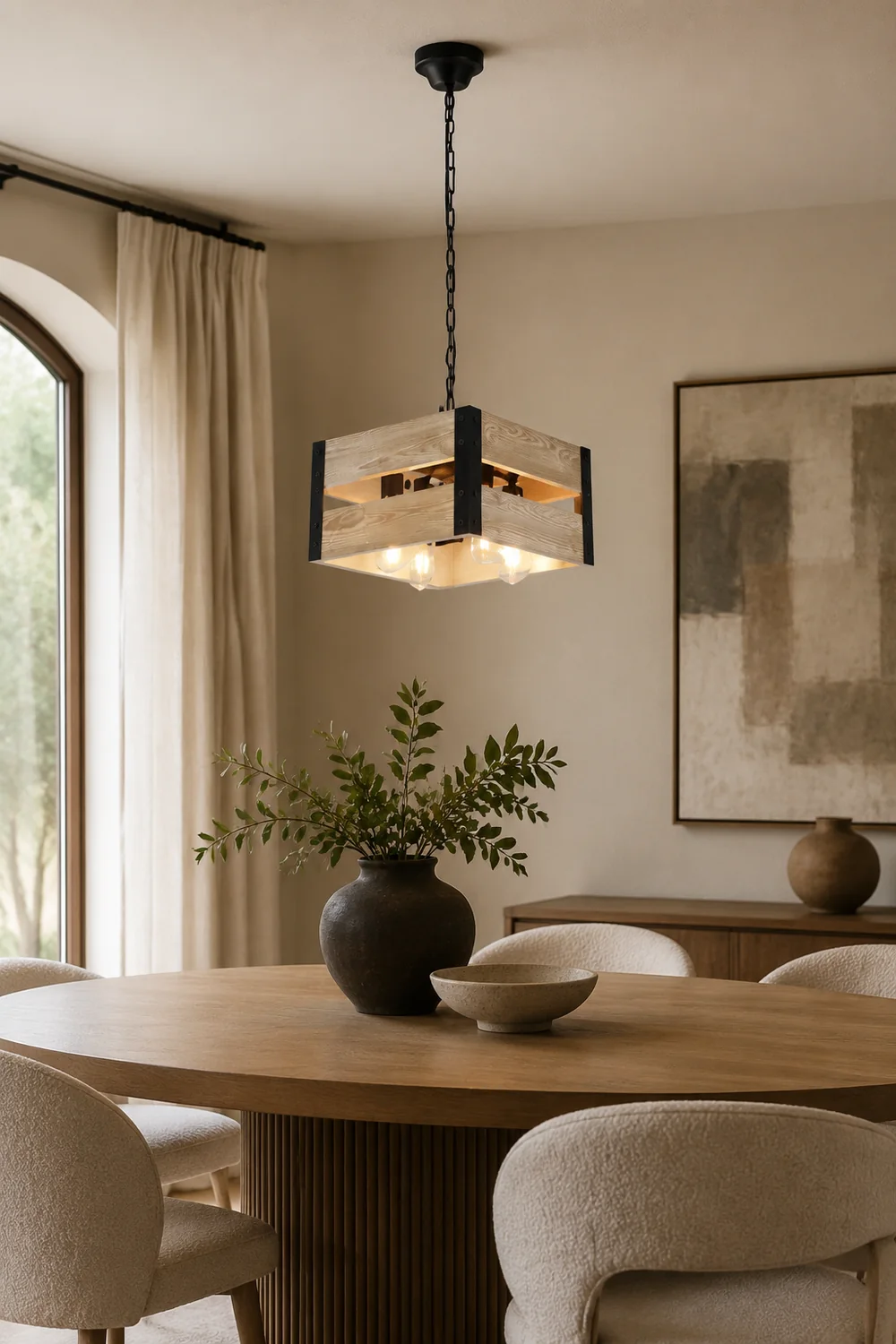 Alessio Quadratische Pendelleuchte, Metall & Holz, 4-flammig, 2 Stile - Lumpaz