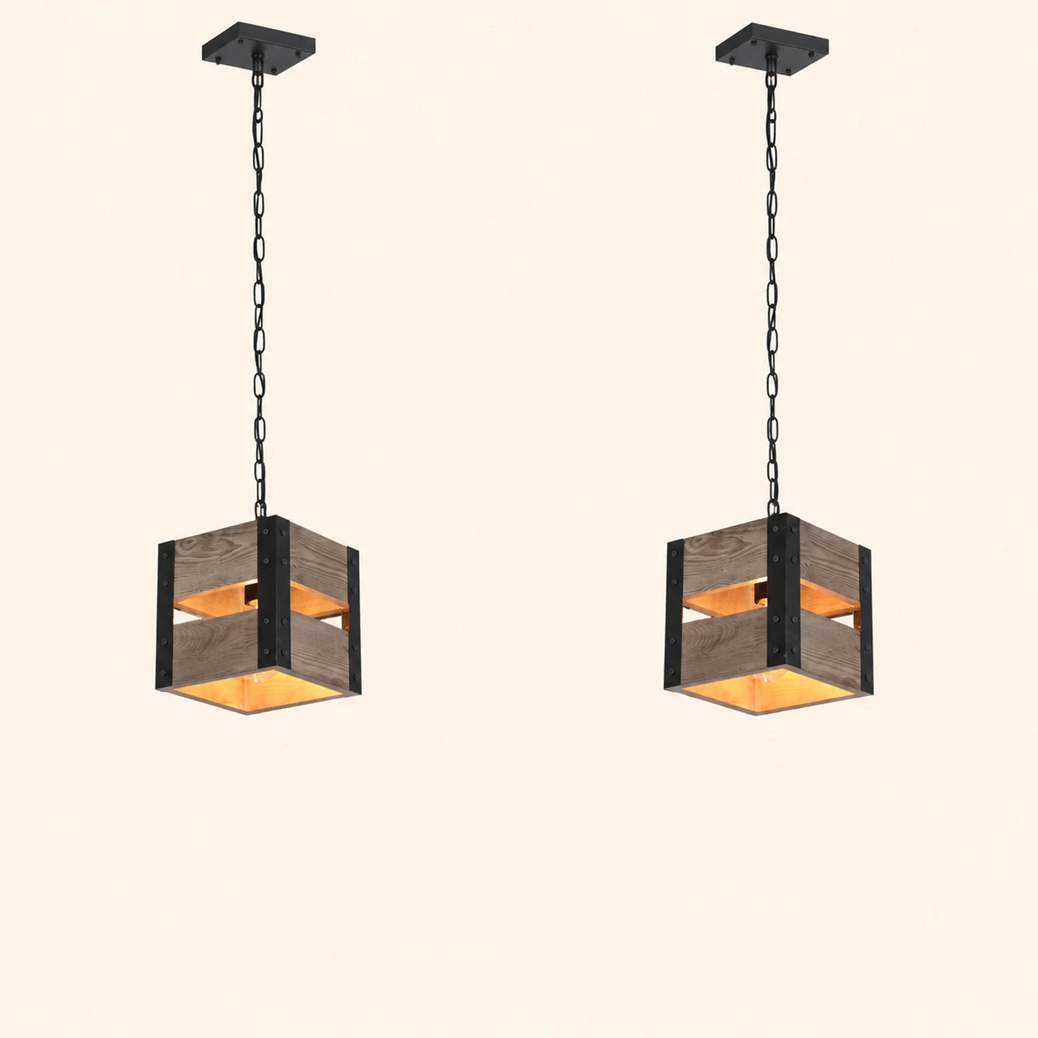 Alessio Quadratische Pendelleuchte, Metall & Holz, 4-flammig, 2 Stile - Lumpaz