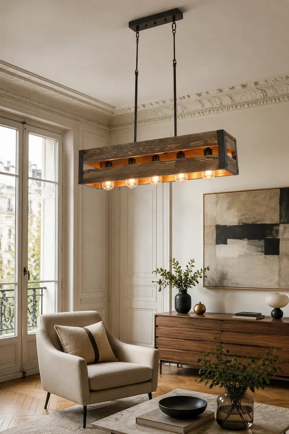 Alessio Pendelleuchte, Metall & Holz, 5-flammig, 2 Stile - Lumpaz