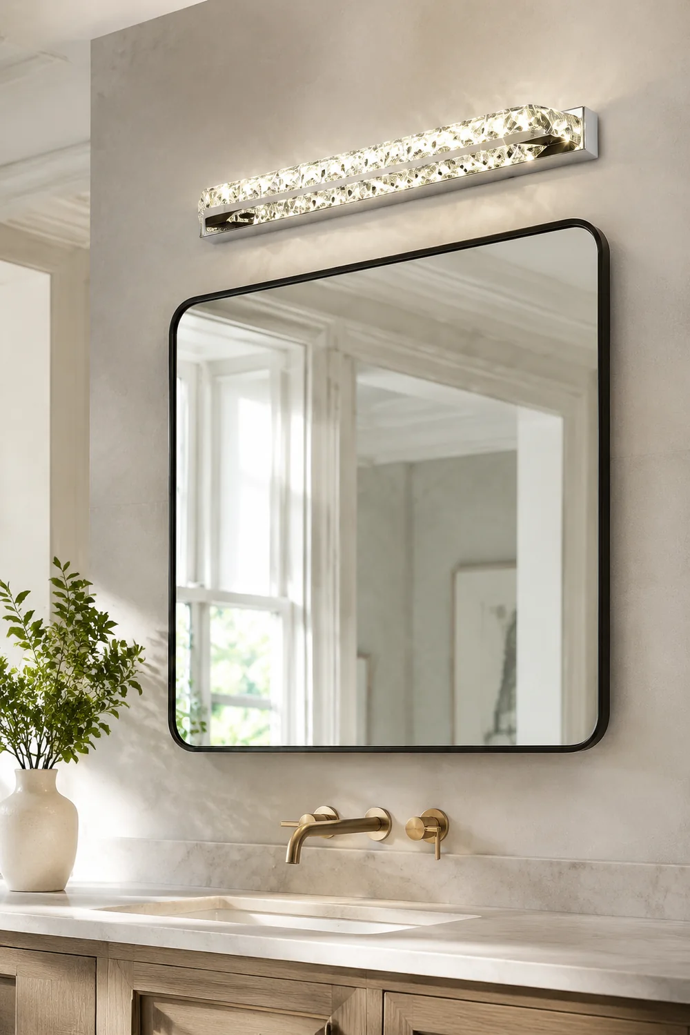 Kristy Rechteckige Spiegelfront Waschtisch-Wandleuchte, Kristall & Metall, 40CM Lang - Lumpaz