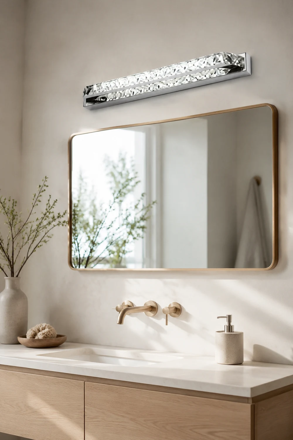 Kristy Rechteckige Spiegelfront Waschtisch-Wandleuchte, Kristall & Metall, 40CM Lang - Lumpaz