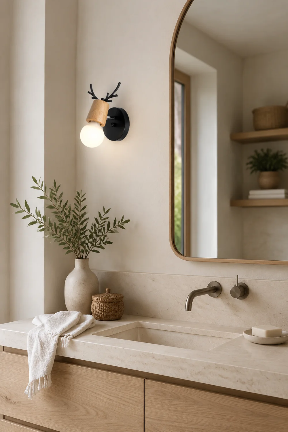 Ozawa Hirsche Spiegelfront Waschtisch-Wandleuchte, Metall & Holz, 2 Farben - Lumpaz