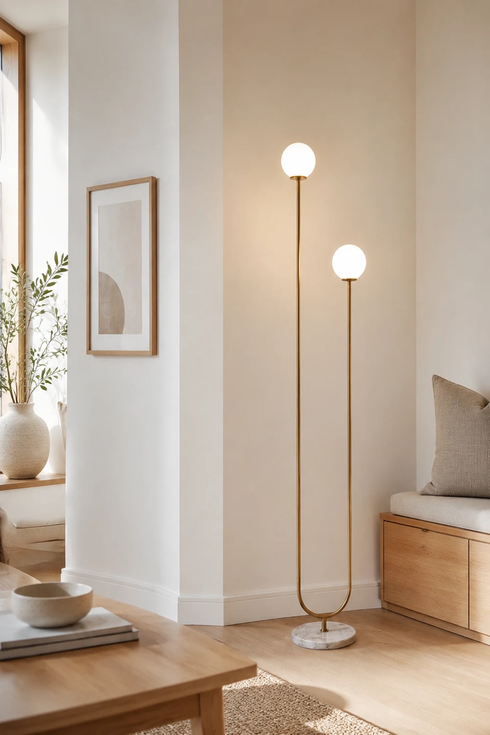 Valentina U-förmige Stehlampe, Messing & Glas, 165CM Lang - Lumpaz