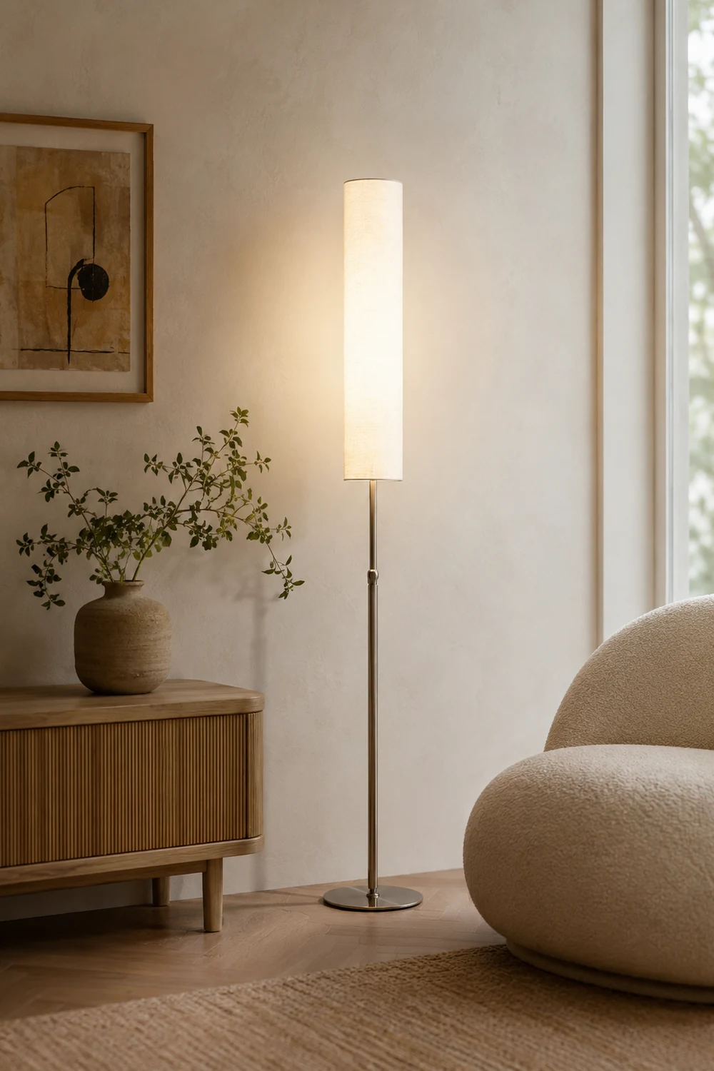 Eryn Zylinderförmige Stehlampe, Metall & Stoff, 180CM Lang - Lumpaz