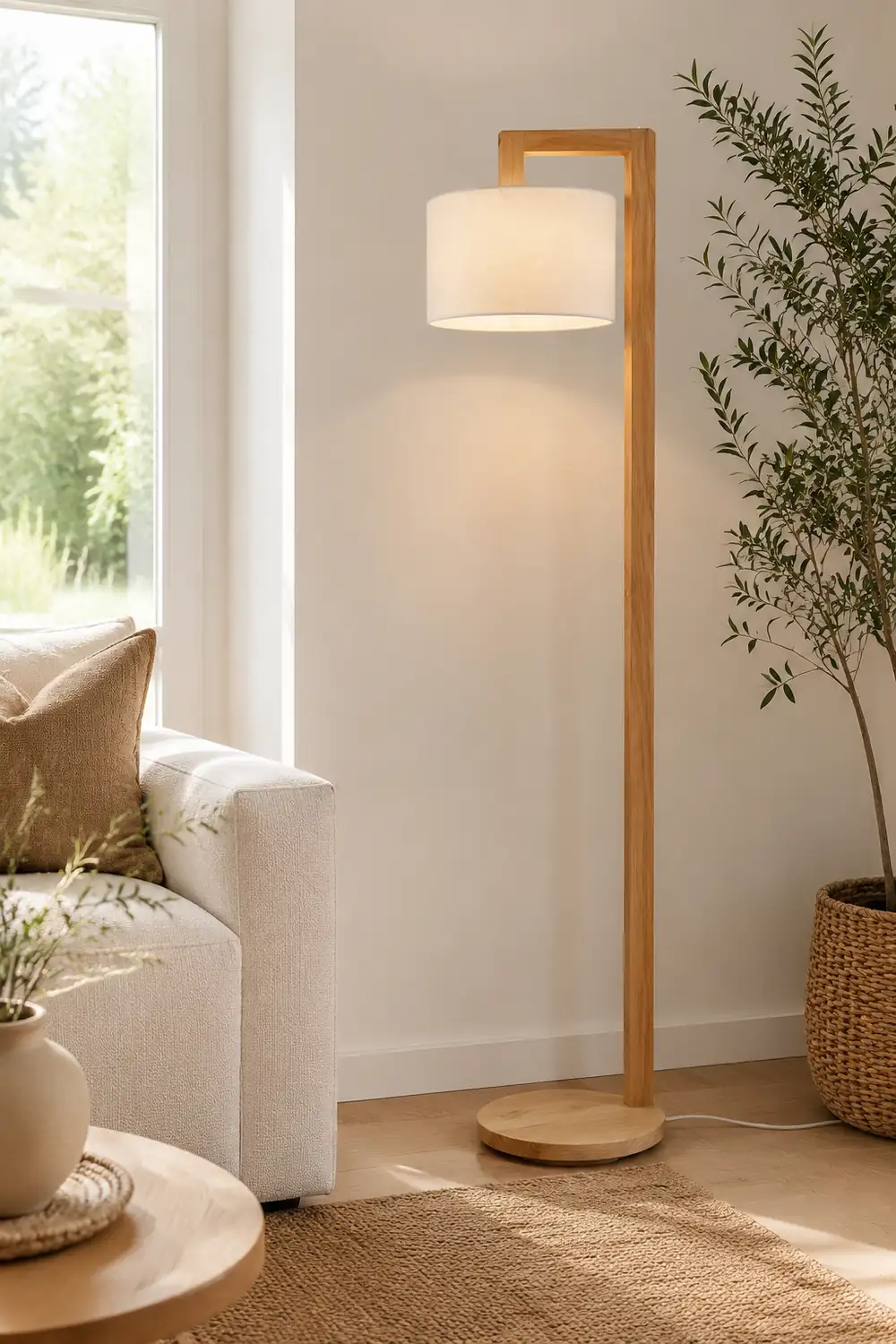 Ozawa Rechtwinkliger Arm Stehlampe, Holz & Textil, 155CM Lang - Lumpaz