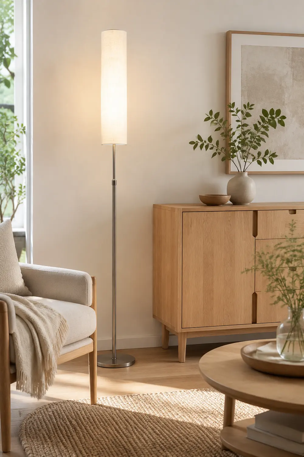Eryn Zylinderförmige Stehlampe, Metall & Stoff, 180CM Lang - Lumpaz