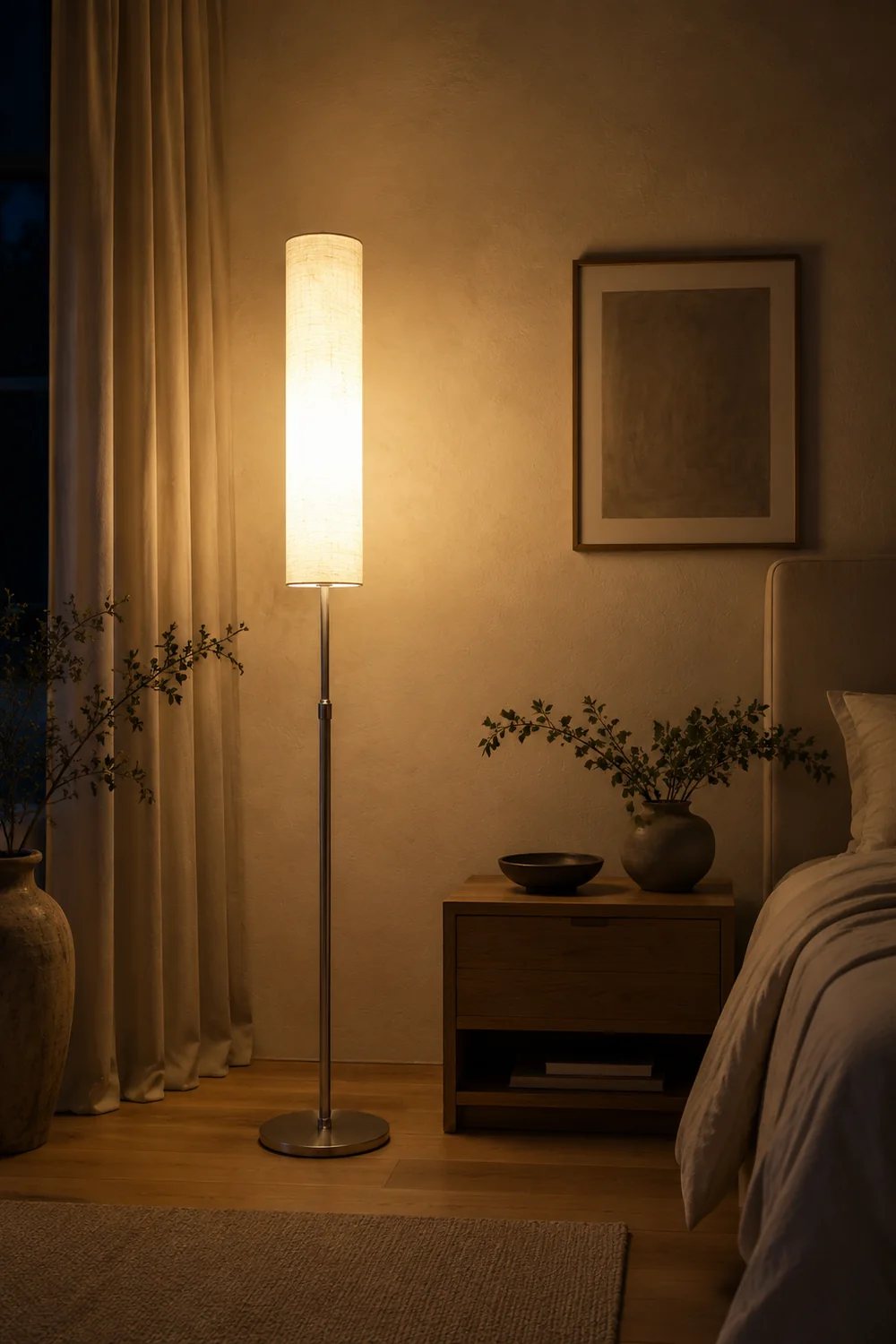 Eryn Zylinderförmige Stehlampe, Metall & Stoff, 180CM Lang - Lumpaz