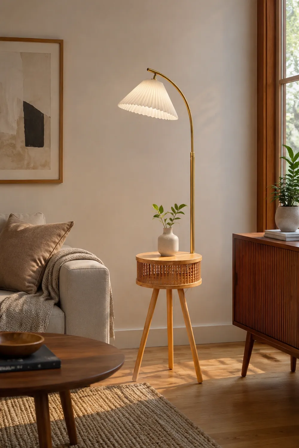 Ozawa Plissierte Stehleuchte mit dem Nachttisch, Metall & Holz, 2 Farben, 3 Stile - Lumpaz
