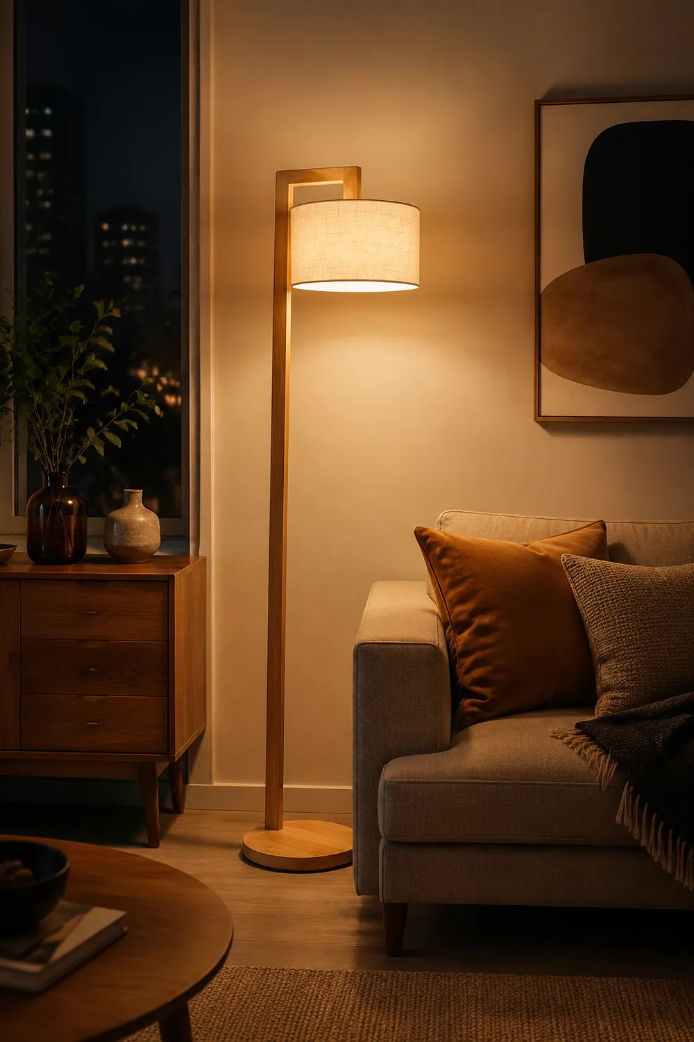Ozawa Rechtwinkliger Arm Stehlampe, Holz & Textil, 155CM Lang - Lumpaz