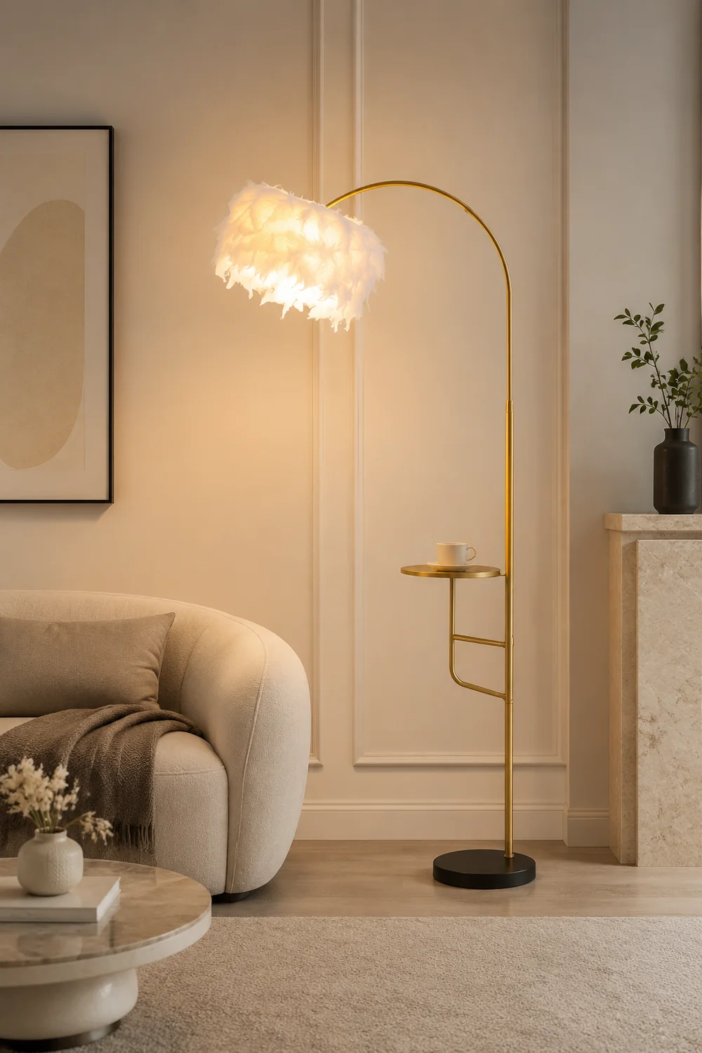O'Moore Bogen Feder Stehlampe Mit Einem Kleinen Tisch, Metall, 150CM Lang - Lumpaz