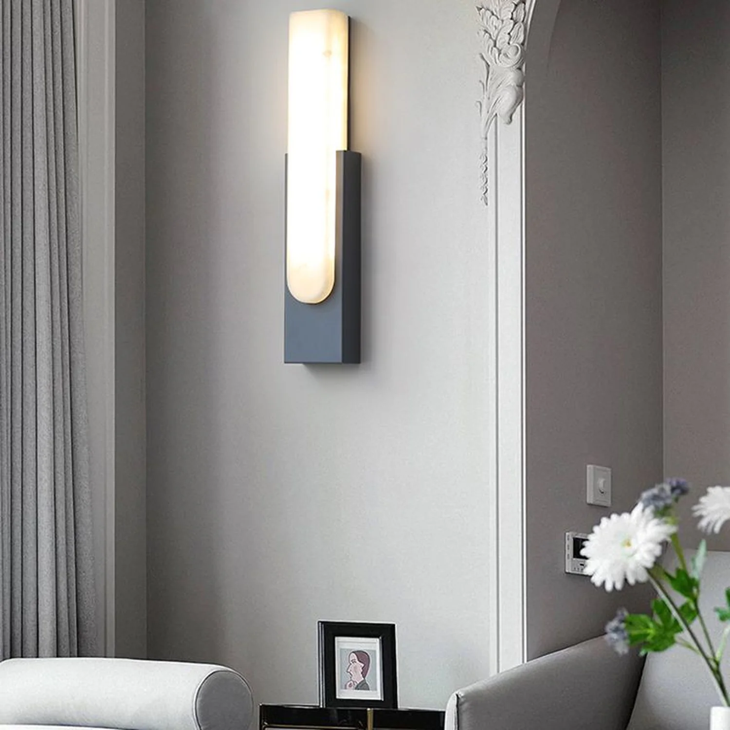 Chan Rechteckige Wandleuchte, Dolomit & Metall, 50CM Lang - Lumpaz