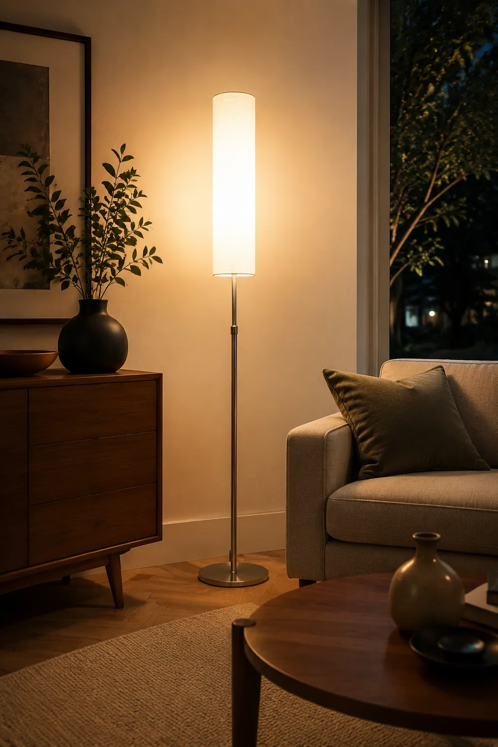 Eryn Zylinderförmige Stehlampe, Metall & Stoff, 180CM Lang - Lumpaz