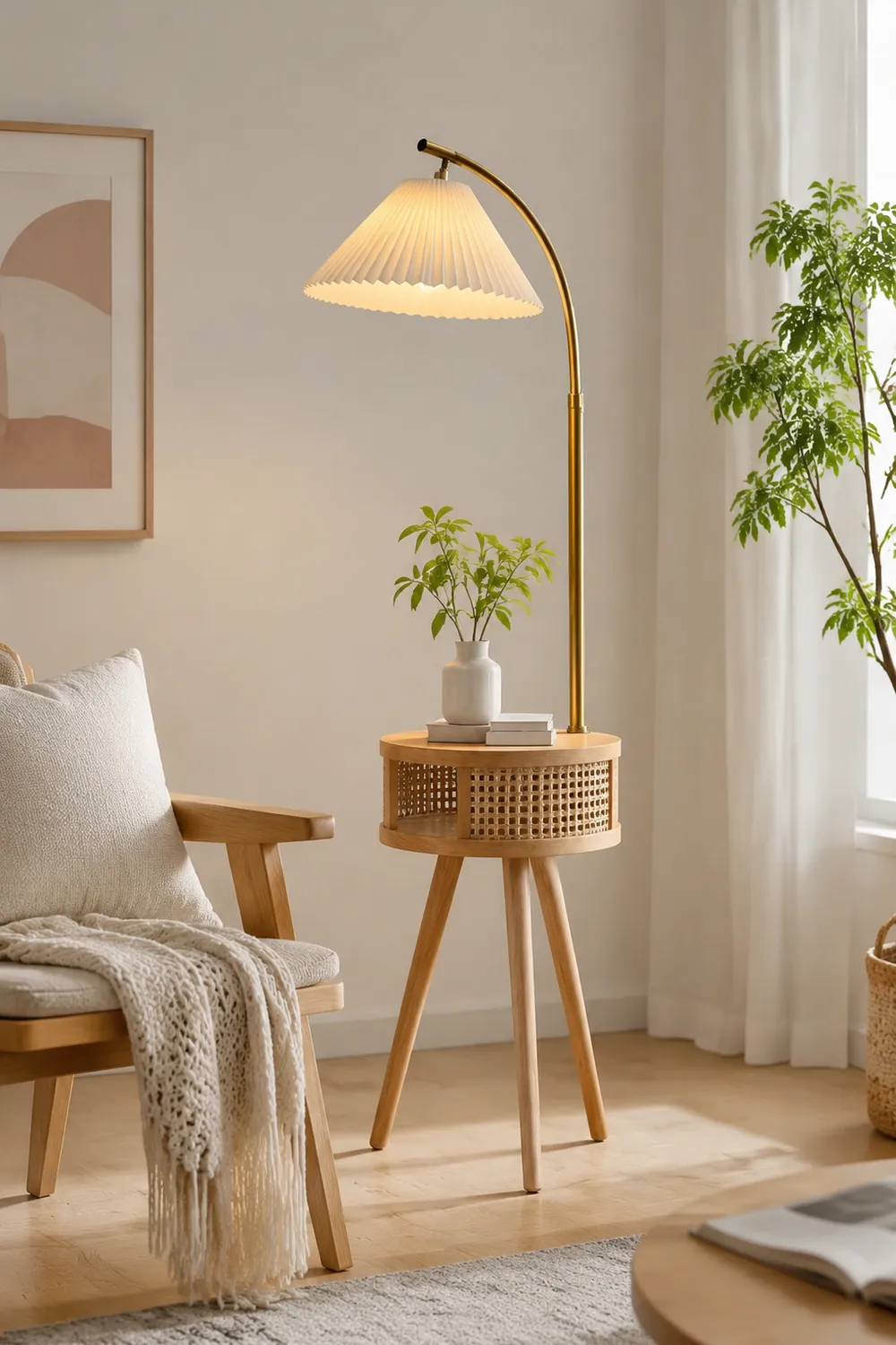 Ozawa Plissierte Stehleuchte mit dem Nachttisch, Metall & Holz, 2 Farben, 3 Stile - Lumpaz