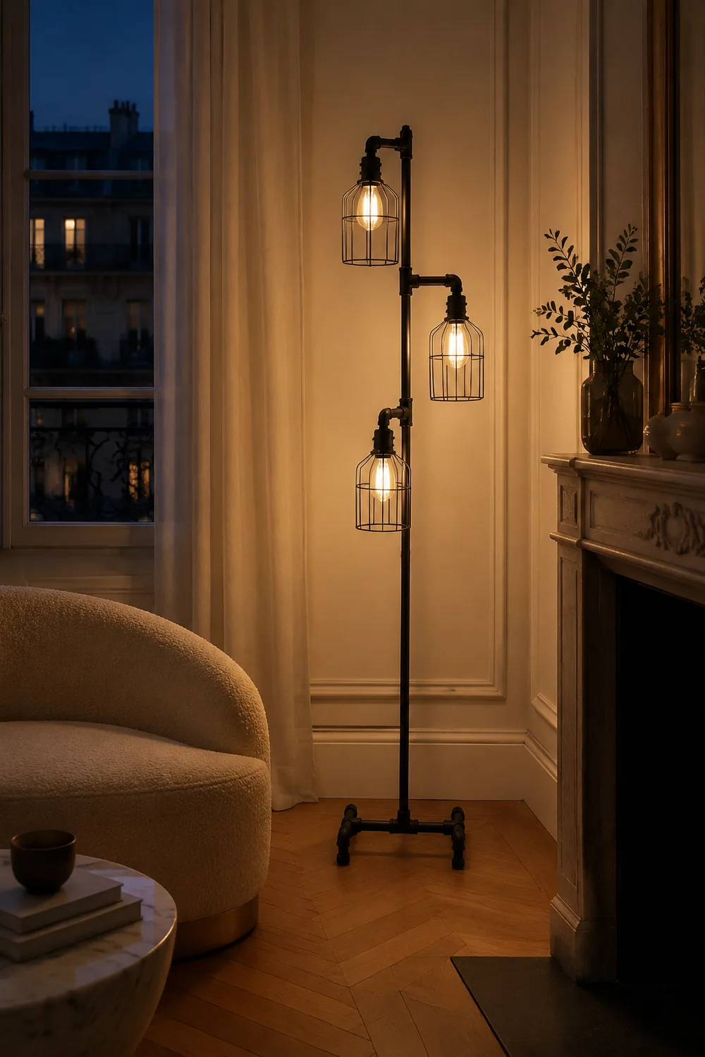 Alessio Vogelkäfige Schwarze Stehlampe, 3-flammig, 150CM Lang - Lumpaz