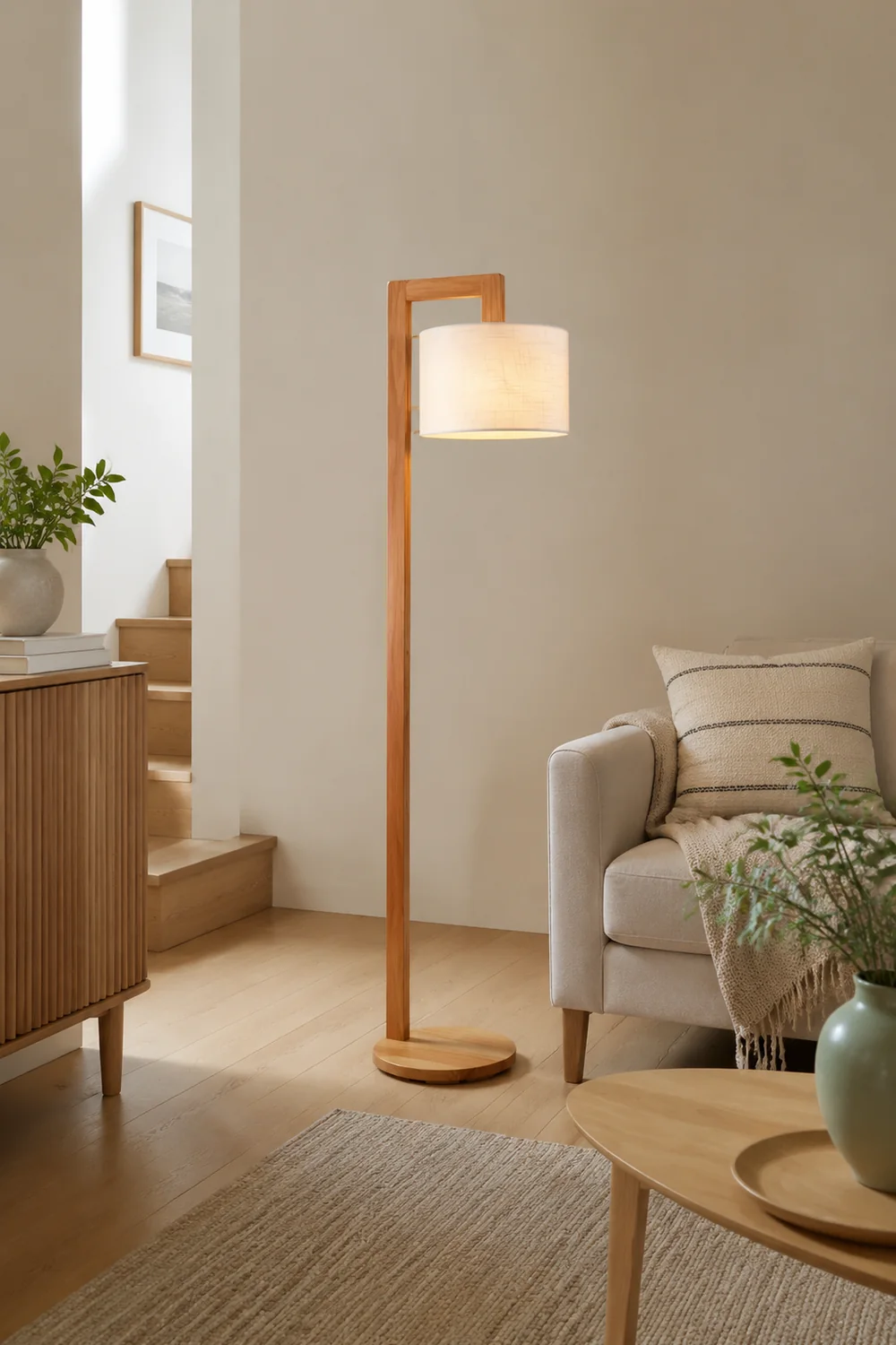 Ozawa Rechtwinkliger Arm Stehlampe, Holz & Textil, 155CM Lang - Lumpaz