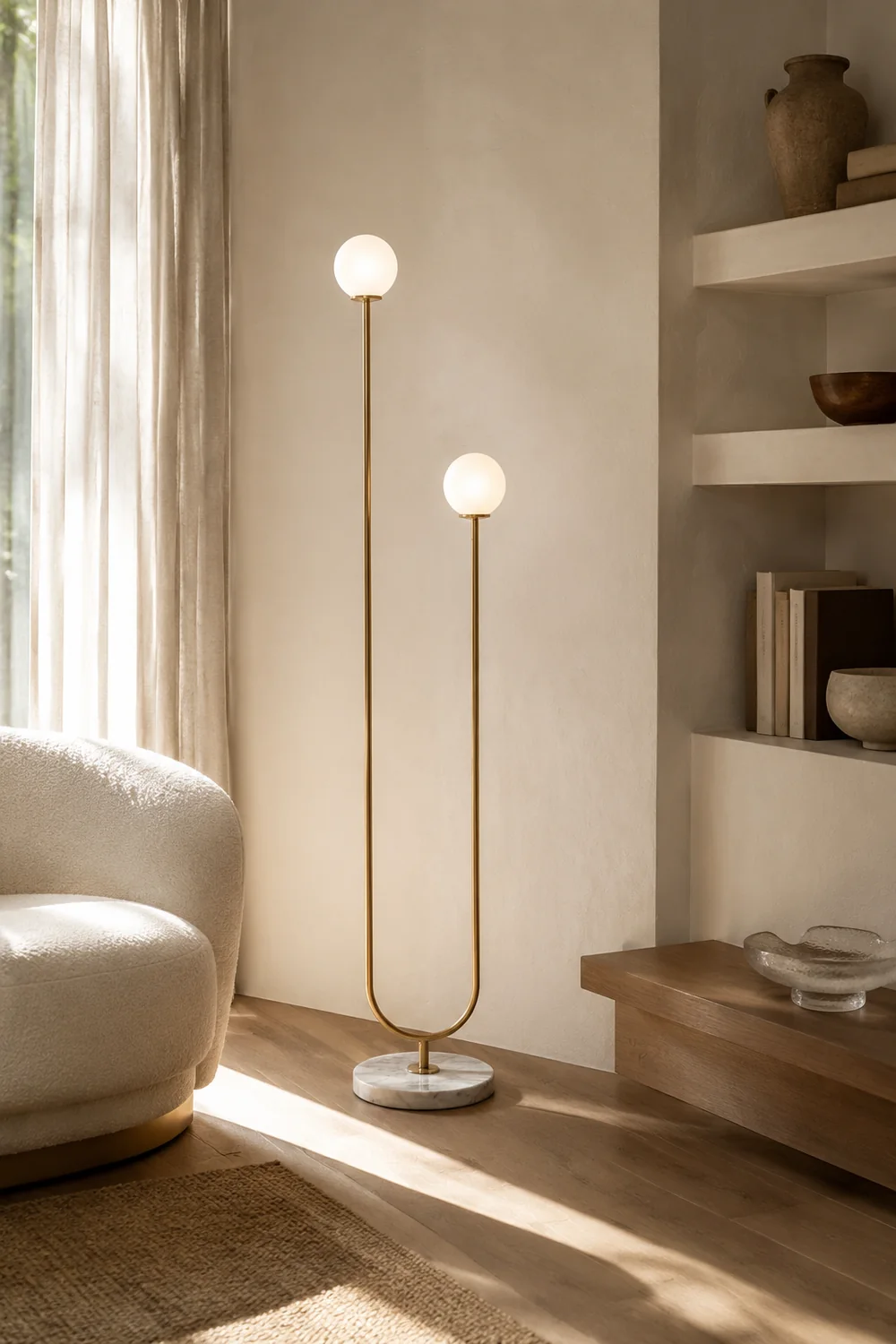 Valentina U-förmige Stehlampe, Messing & Glas, 165CM Lang - Lumpaz