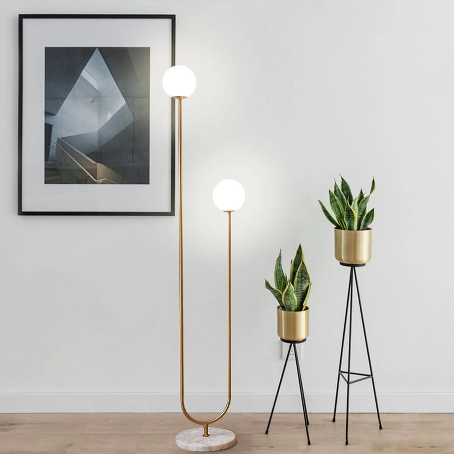 Valentina U-förmige Stehlampe, Messing & Glas, 165CM Lang - Lumpaz