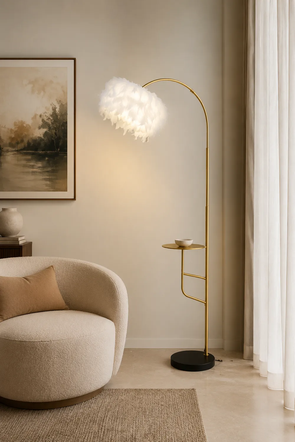 O'Moore Bogen Feder Stehlampe Mit Einem Kleinen Tisch, Metall, 150CM Lang - Lumpaz