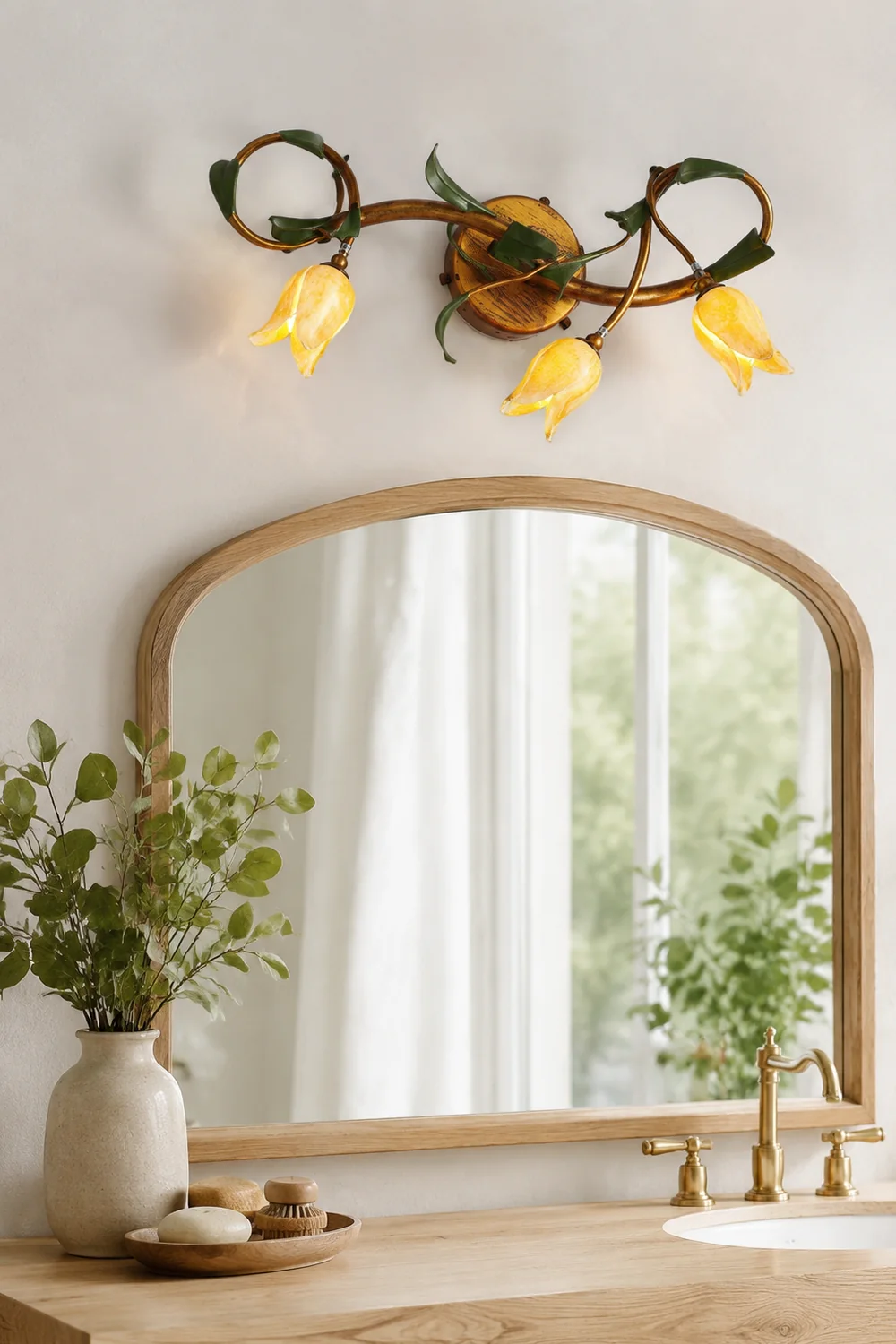 Félicie Gelbe Blume Spiegel Front Bell Shade Vanity Wandleuchte, 3/5-flammig - Lumpaz