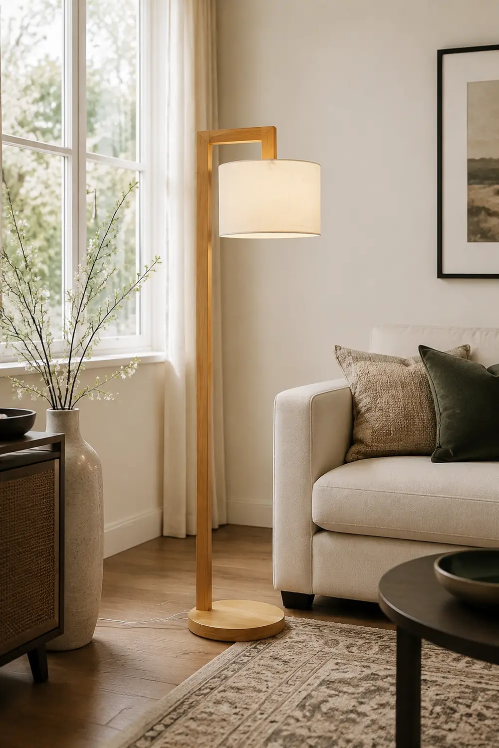 Ozawa Rechtwinkliger Arm Stehlampe, Holz & Textil, 155CM Lang - Lumpaz