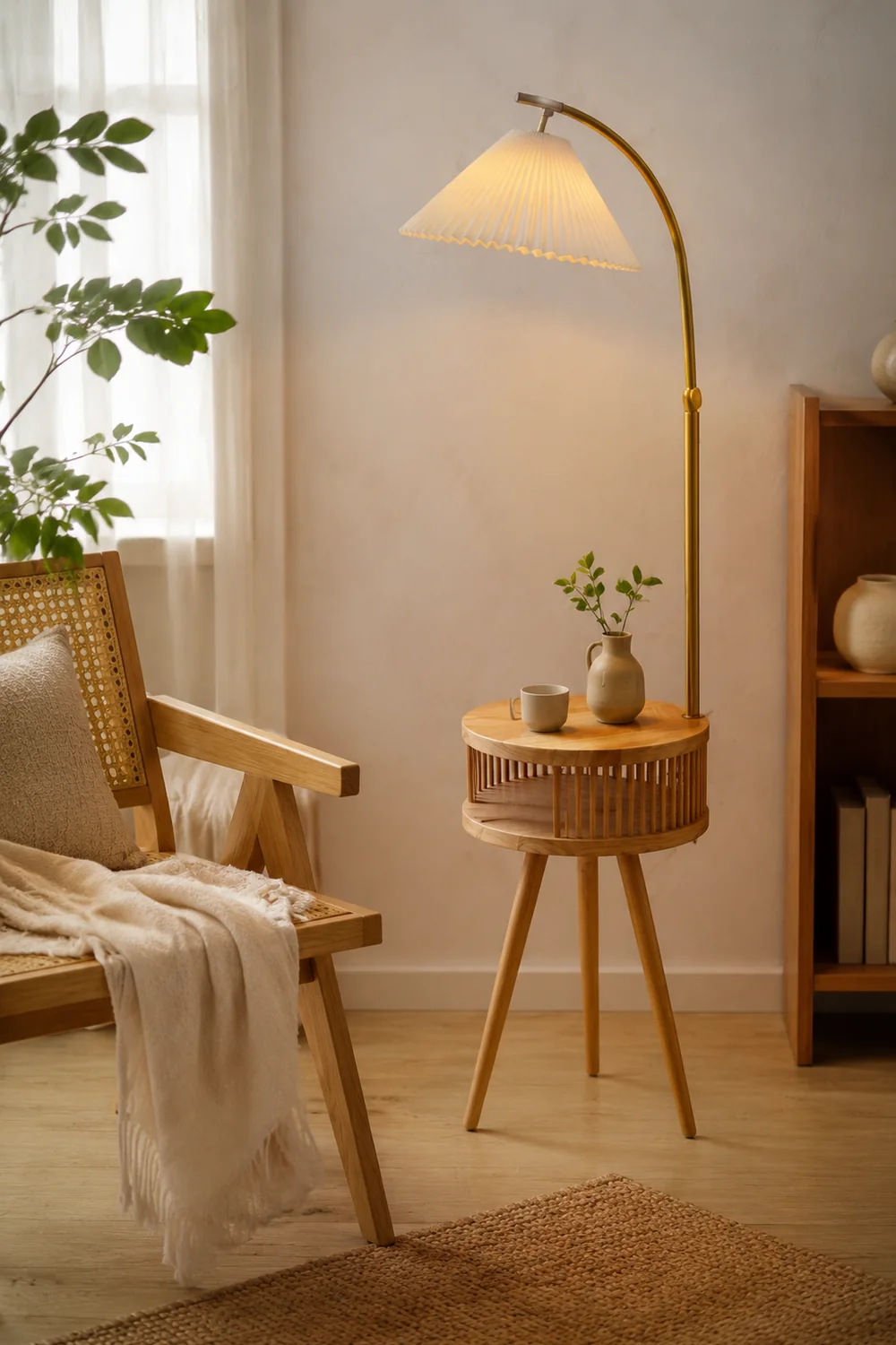 Ozawa Plissierte Stehleuchte mit dem Nachttisch, Metall & Holz, 2 Farben, 3 Stile - Lumpaz