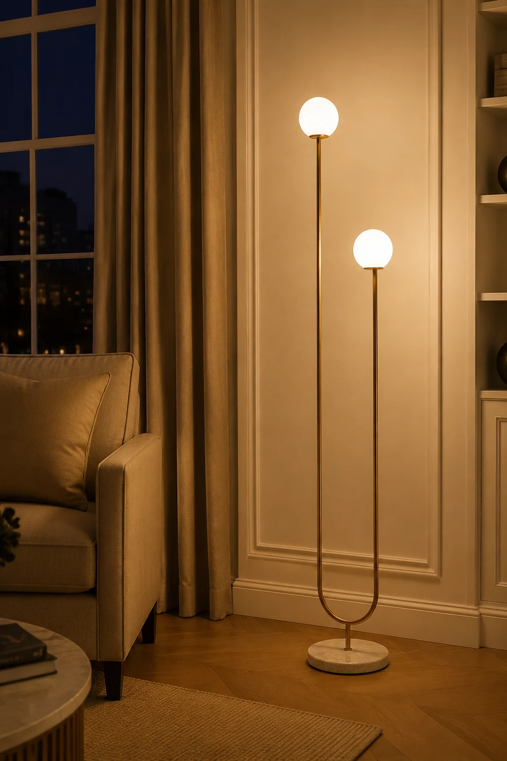 Valentina U-förmige Stehlampe, Messing & Glas, 165CM Lang - Lumpaz