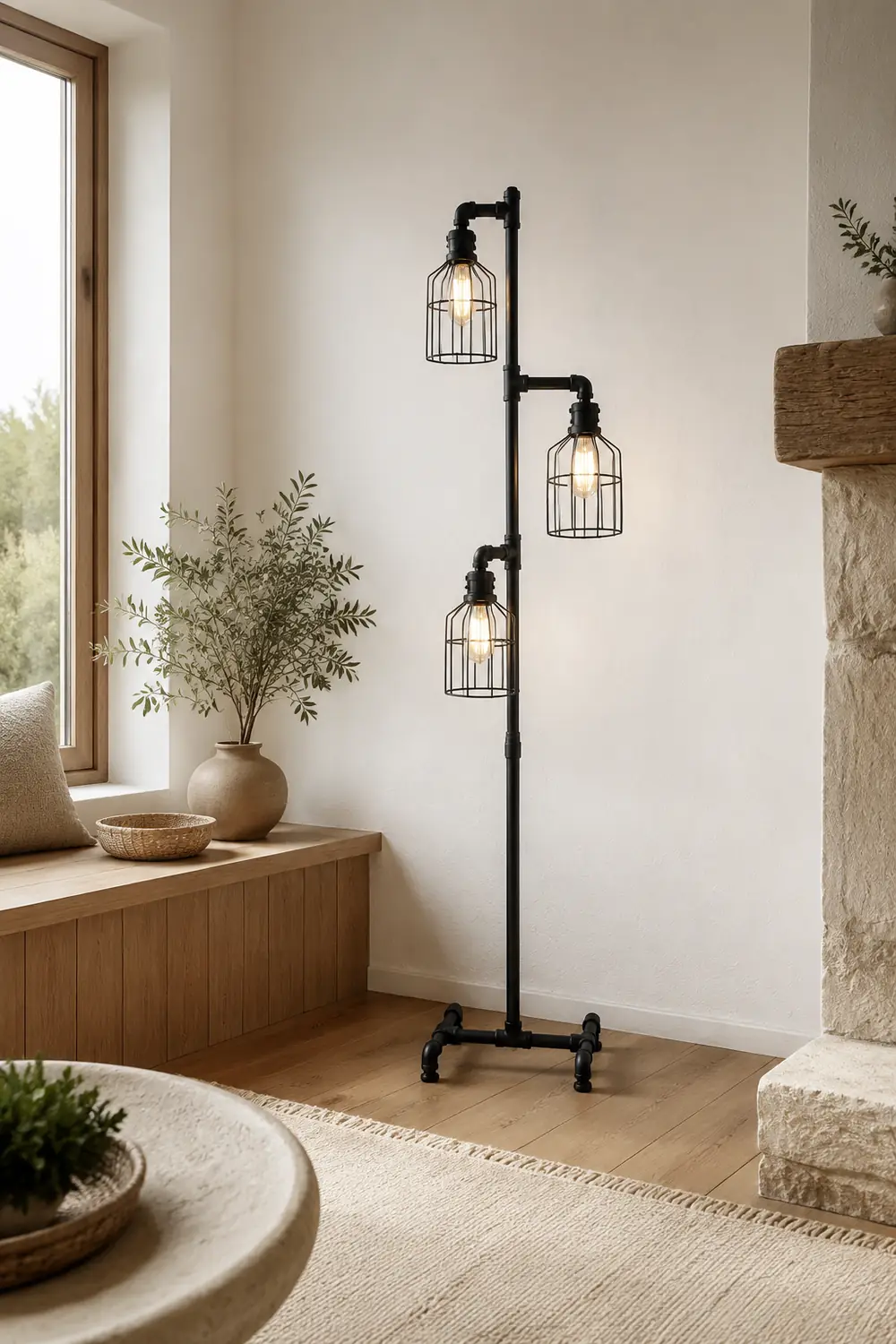 Alessio Vogelkäfige Schwarze Stehlampe, 3-flammig, 150CM Lang - Lumpaz