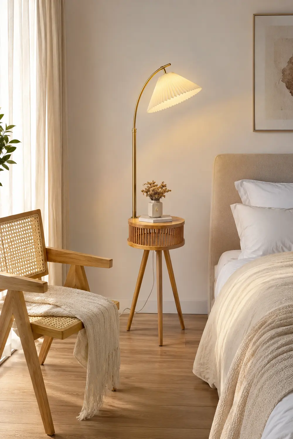 Ozawa Plissierte Stehleuchte mit dem Nachttisch, Metall & Holz, 2 Farben, 3 Stile - Lumpaz