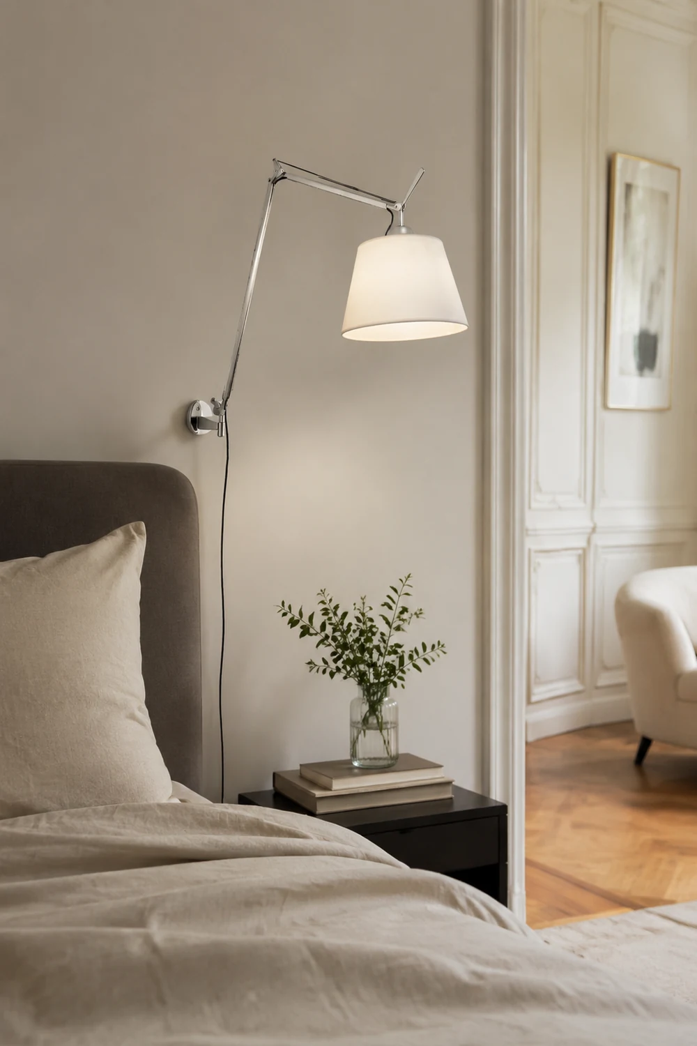Brady Silberne Verstellbare Wandleuchte, Metall & Textil - Lumpaz
