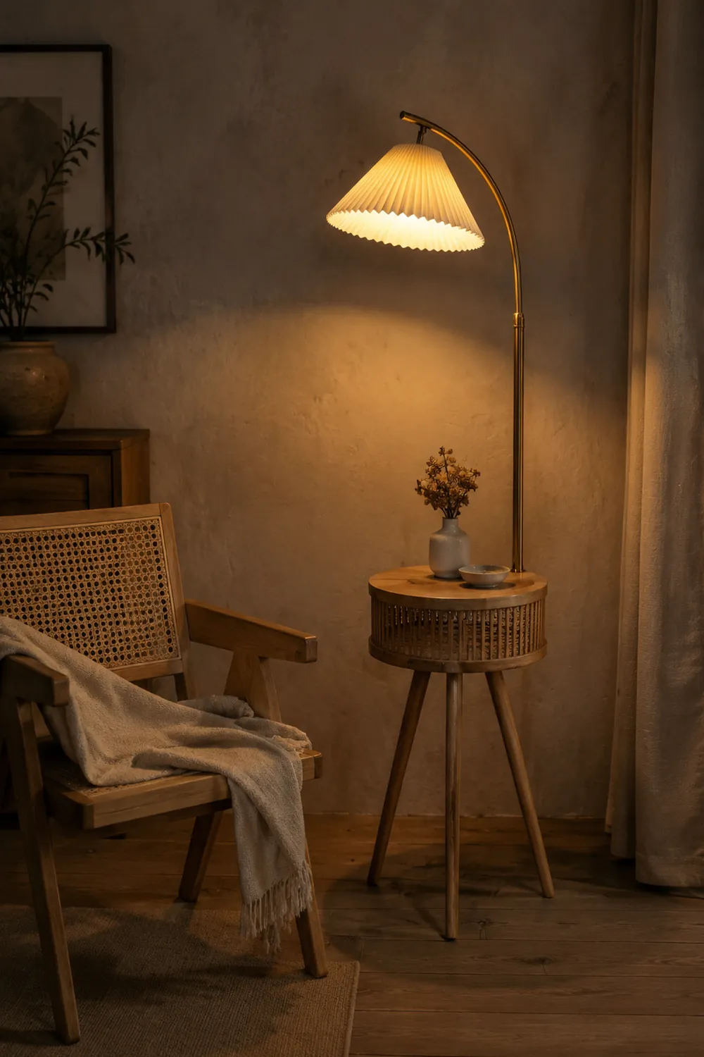 Ozawa Plissierte Stehleuchte mit dem Nachttisch, Metall & Holz, 2 Farben, 3 Stile - Lumpaz