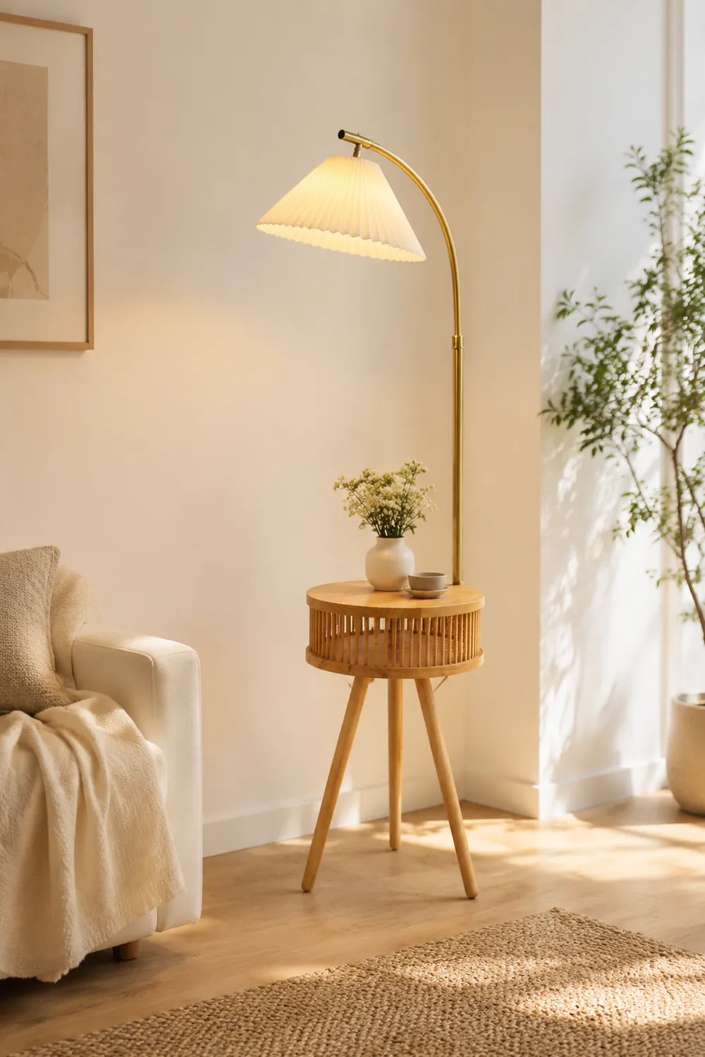 Ozawa Plissierte Stehleuchte mit dem Nachttisch, Metall & Holz, 2 Farben, 3 Stile - Lumpaz