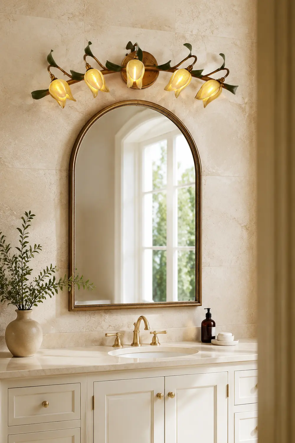 Félicie Gelbe Blume Spiegel Front Bell Shade Vanity Wandleuchte, 3/5-flammig - Lumpaz