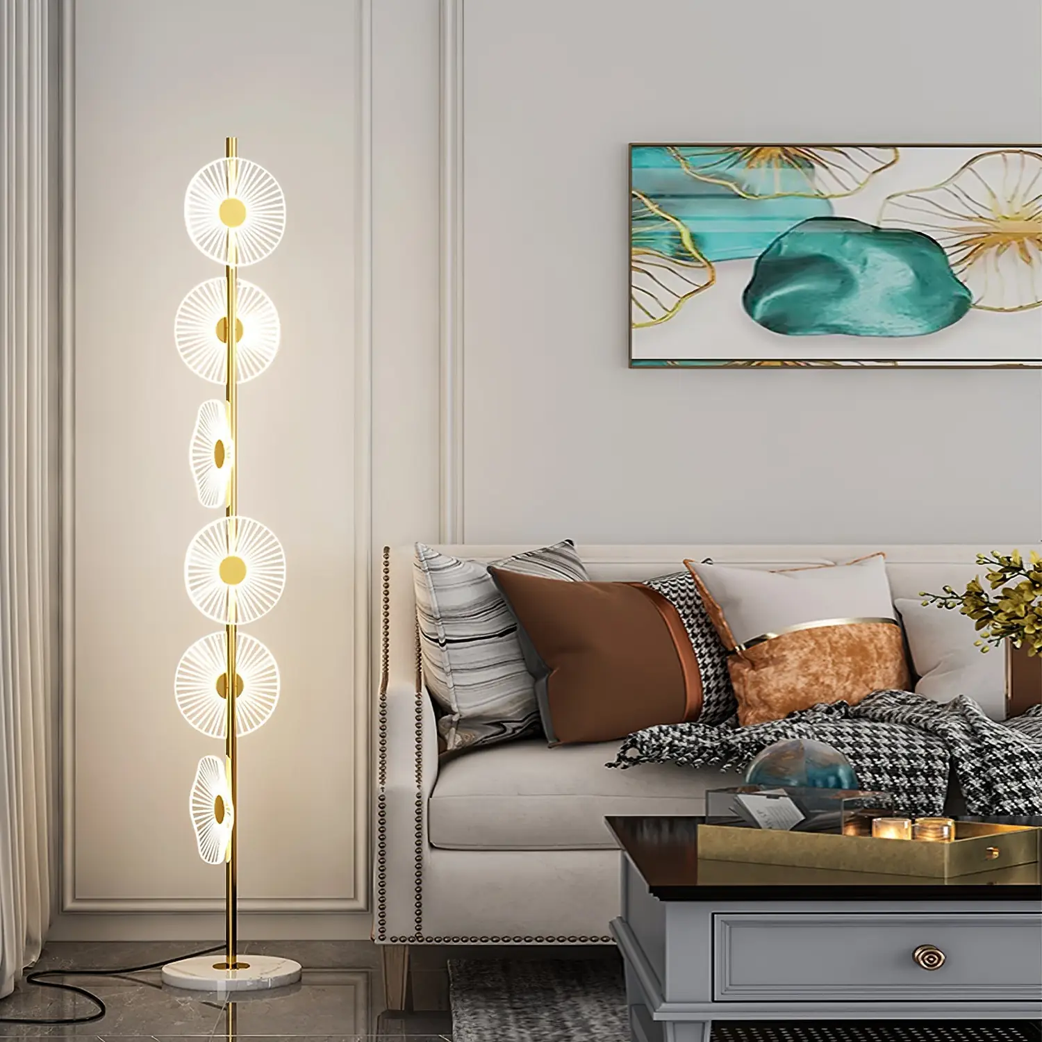 Carins Stehlampe, 6-flammig, Marmor & Acryl, 150CM Lang - Lumpaz