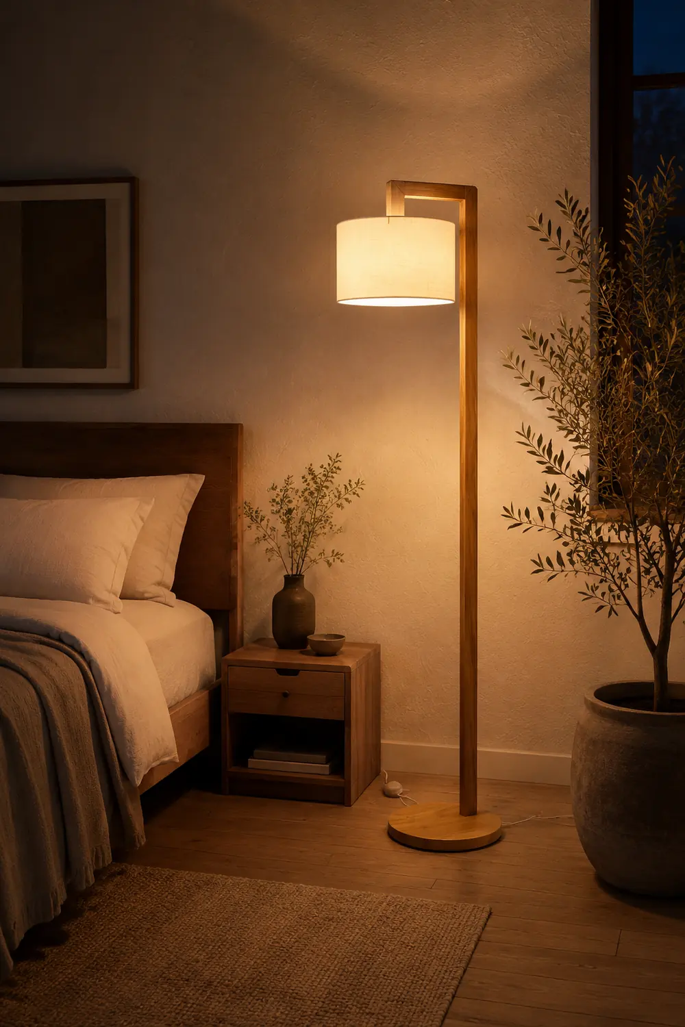Ozawa Rechtwinkliger Arm Stehlampe, Holz & Textil, 155CM Lang - Lumpaz