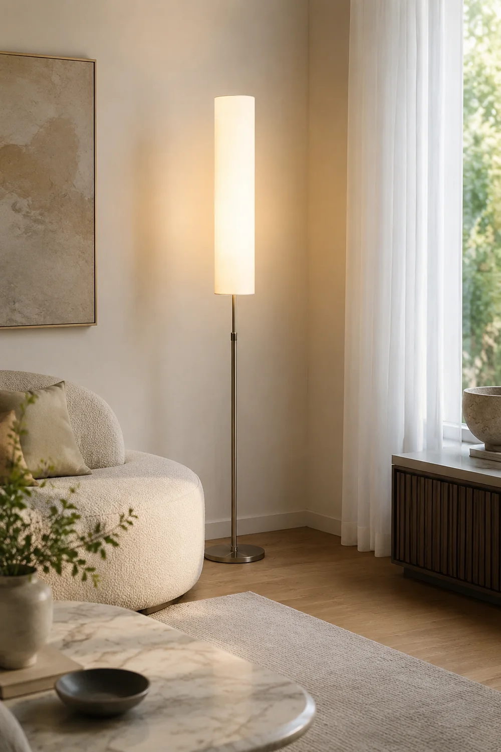 Eryn Zylinderförmige Stehlampe, Metall & Stoff, 180CM Lang - Lumpaz