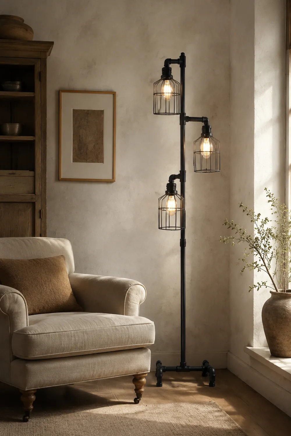 Alessio Vogelkäfige Schwarze Stehlampe, 3-flammig, 150CM Lang - Lumpaz