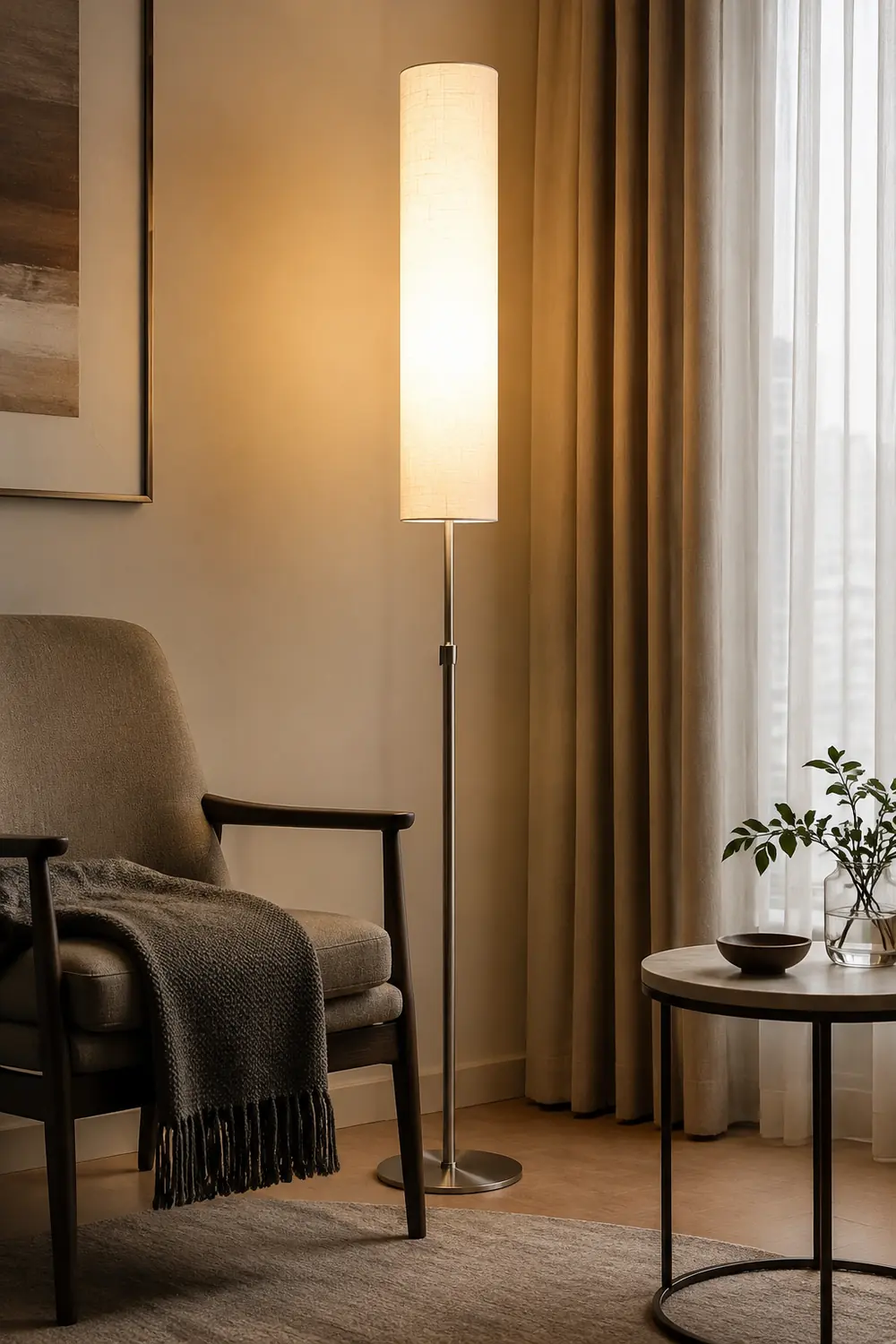 Eryn Zylinderförmige Stehlampe, Metall & Stoff, 180CM Lang - Lumpaz