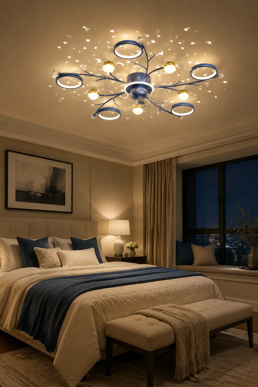 Madina Deckenventilator mit Beleuchtung Blau & Schwarz, 6/8/10-flammig, ∅80/120CM - Lumpaz