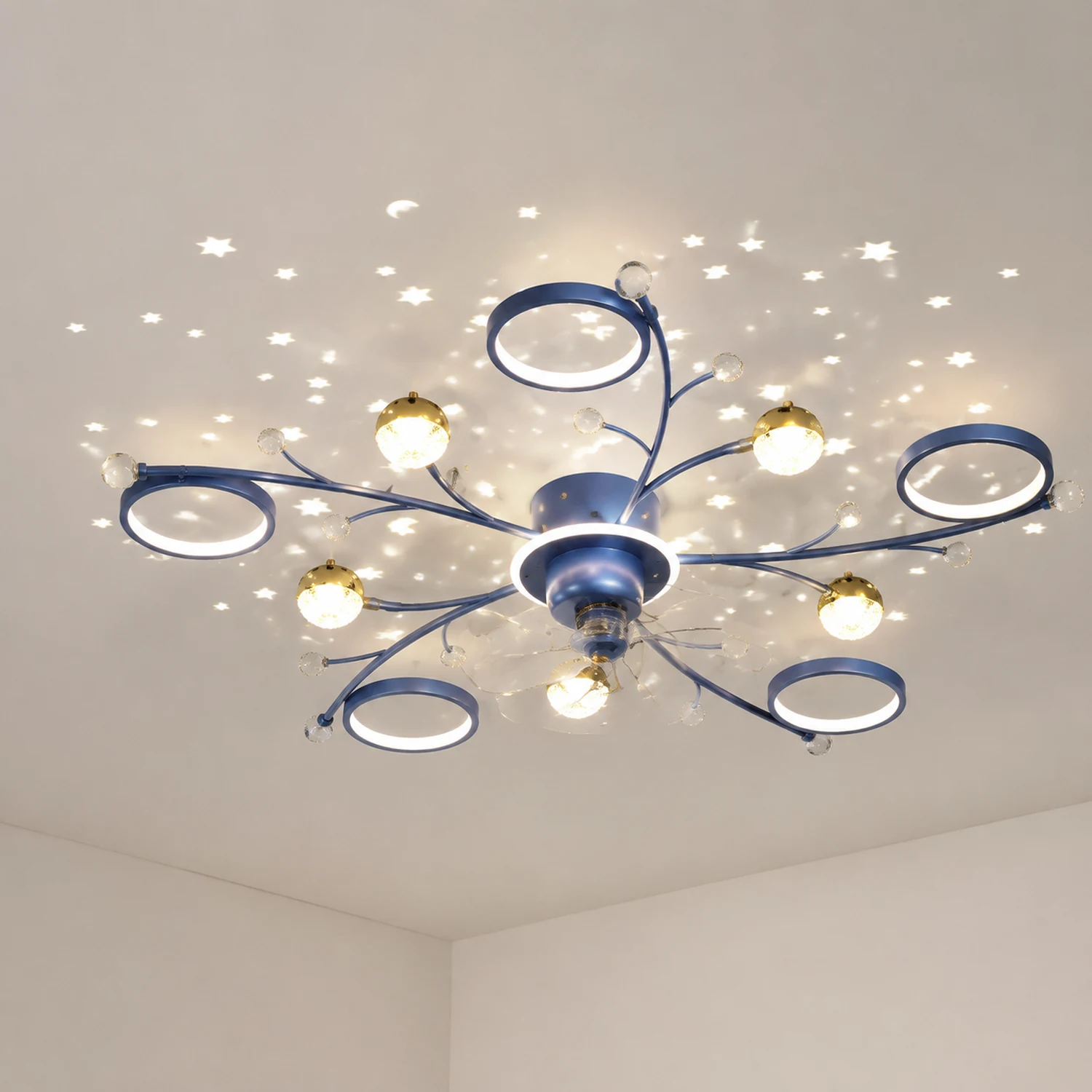 Madina Deckenventilator mit Beleuchtung Blau & Schwarz, 6/8/10-flammig, ∅80/120CM - Lumpaz