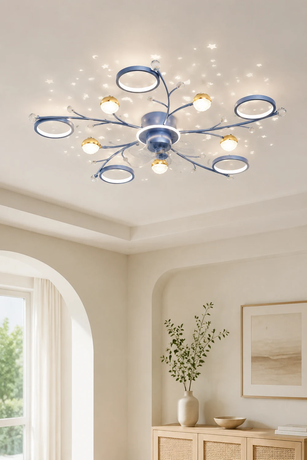 Madina Deckenventilator mit Beleuchtung Blau & Schwarz, 6/8/10-flammig, ∅80/120CM - Lumpaz