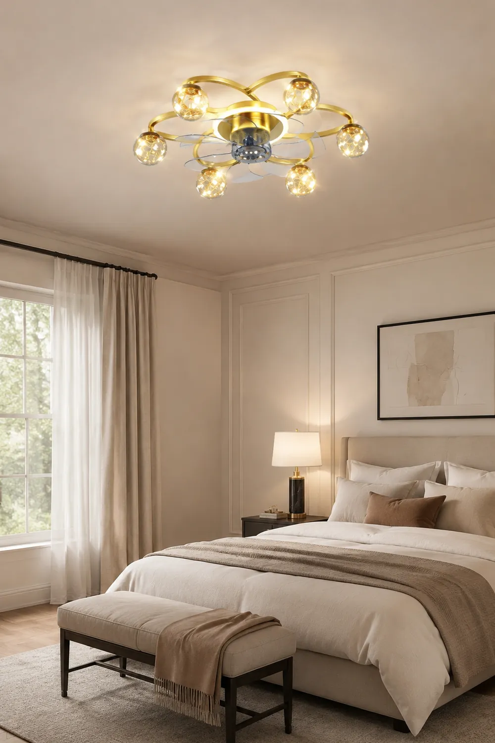 Madina Deckenventilator mit Beleuchtung Sternklar Gold, 7-Blatt, ∅58CM - Lumpaz