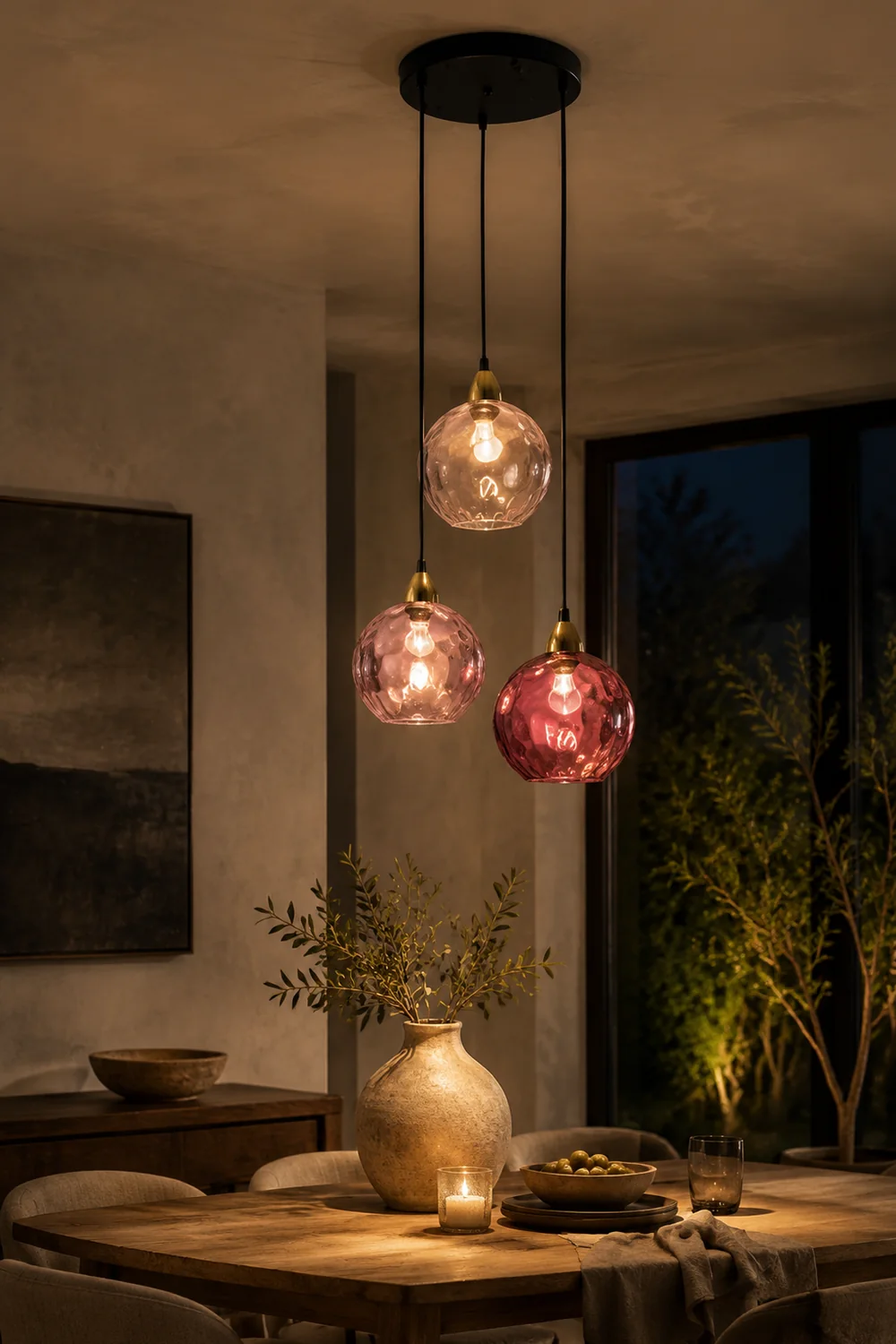 Hailie Pendelleuchte aus buntem Glas, 3 flammig, Rosa - Lumpaz