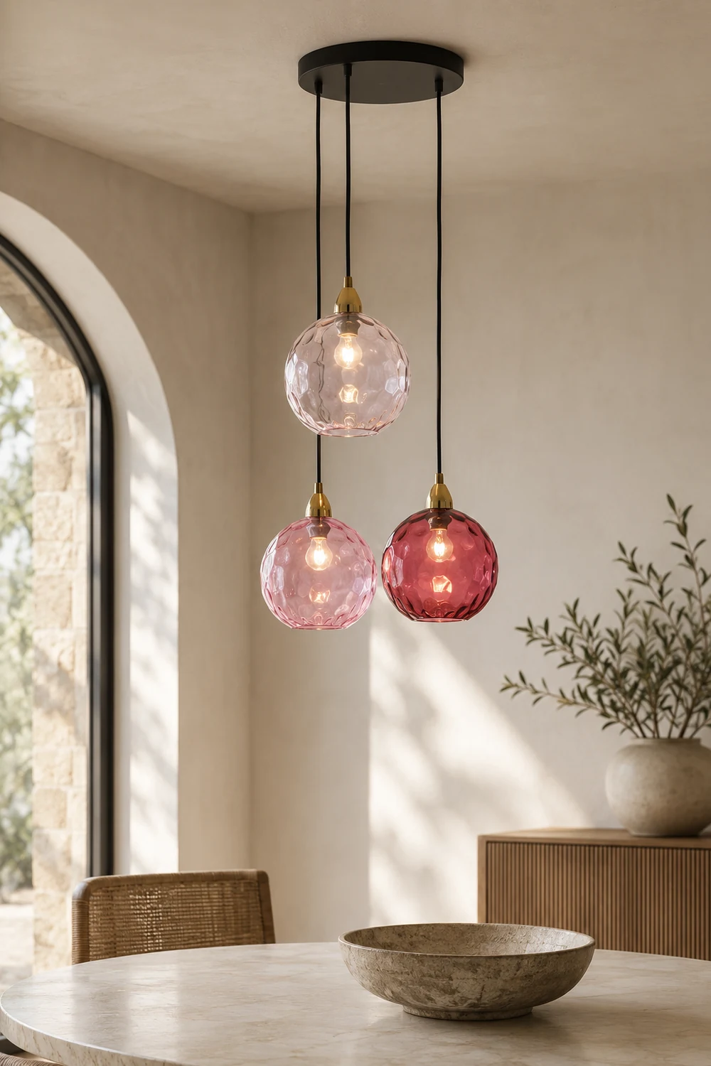 Hailie Pendelleuchte aus buntem Glas, 3 flammig, Rosa - Lumpaz